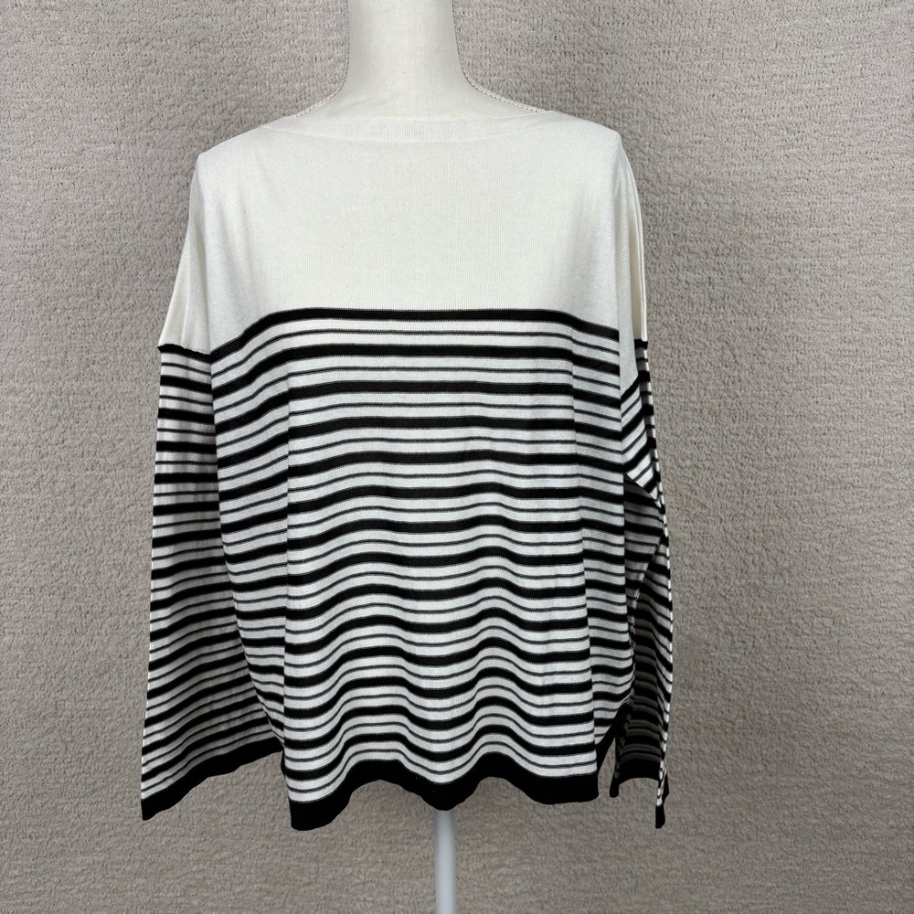 Matthildur Sweater Womens L Black White Harlow Boxy Boat Neck Stripe Pima Cotton